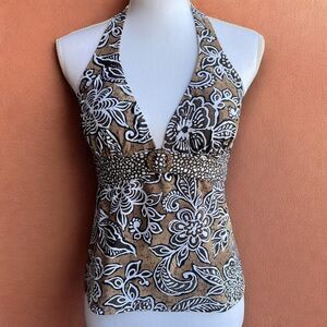 Y2K Brown Hawaiian Halter Top with Belt Swimsuit Top
